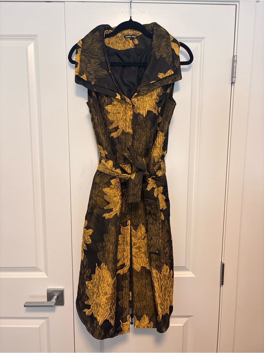 Samuel Dong Sleeveless Black Dress with Gold Floral Jacquard